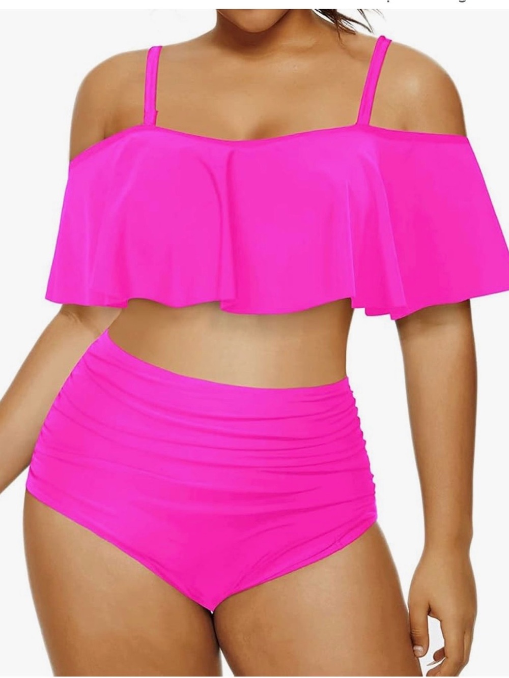 Hot Pink Ruffled Off-Shoulder With Tummy Control Two-Piece Swim Set